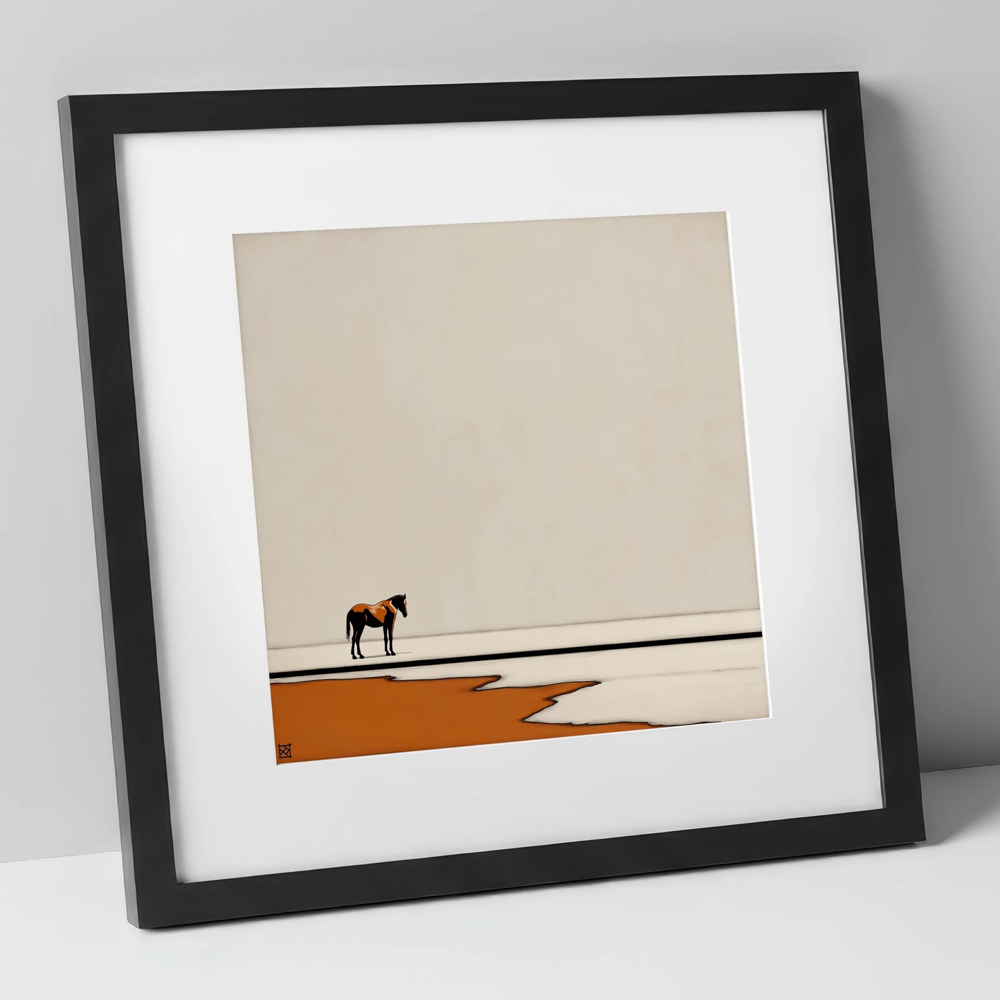 The Amber Horizon horse landscape art print in black frame