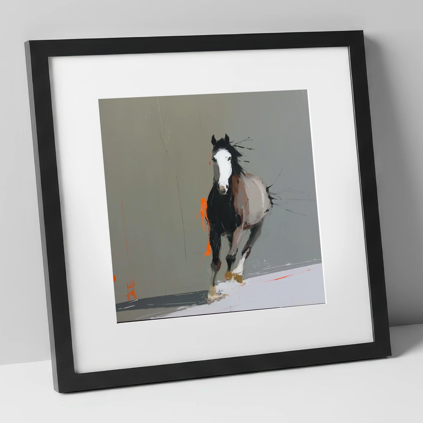Striking Forward Impulse horse portrait art print in black frame