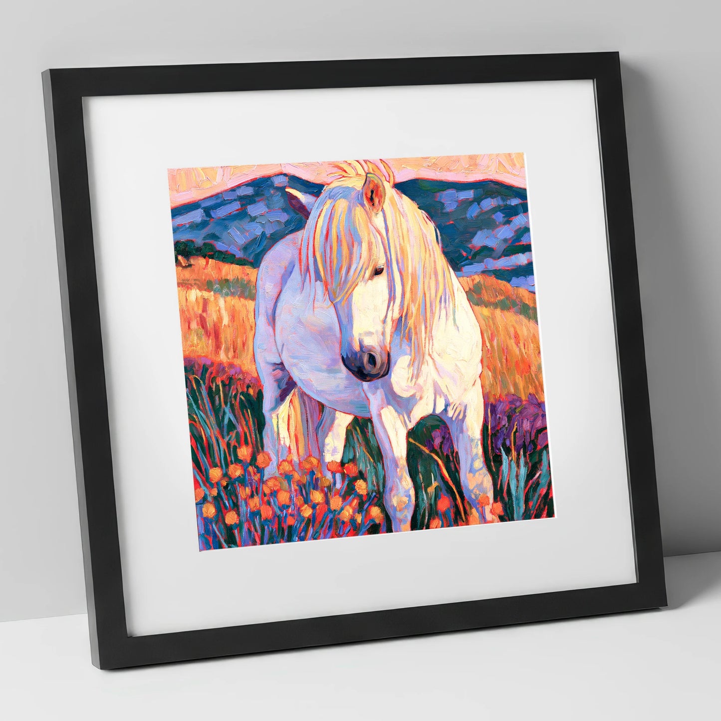 White Horse Among Orange Wildflowers horse breed art print in black frame