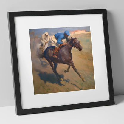 The Final Furlong racing horse art print in black frame