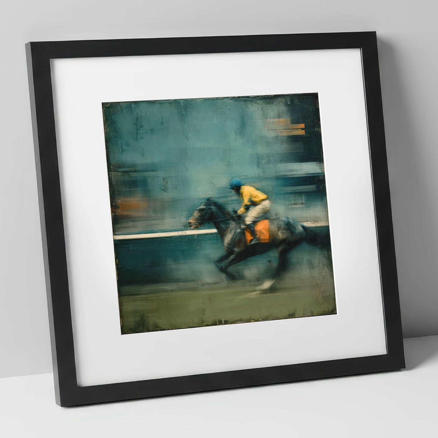 The Blue Furlong racing horse art print in black frame