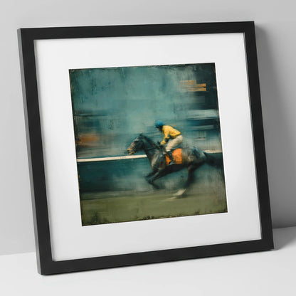 The Blue Furlong racing horse art print in black frame