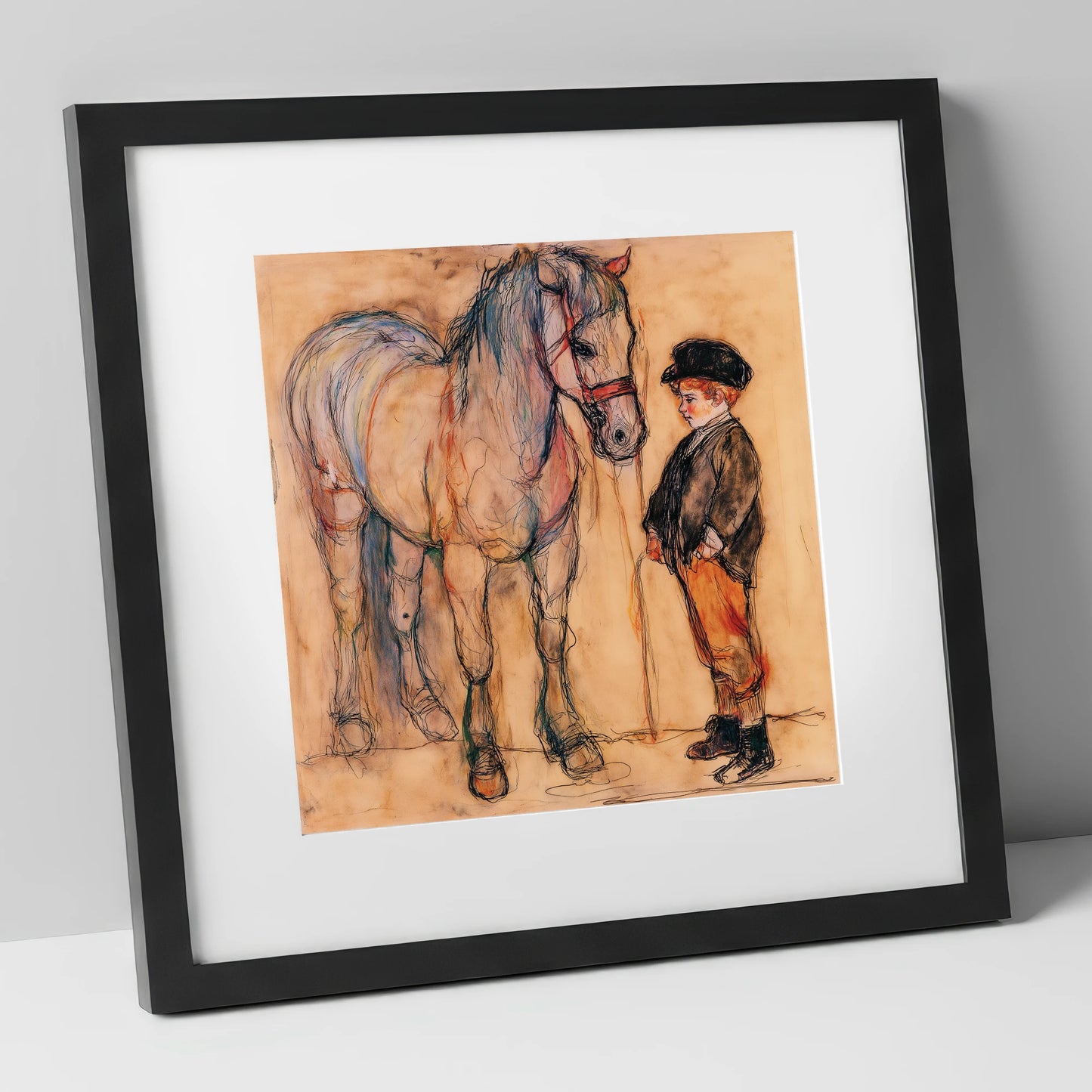 A Quiet Understanding horse & rider art print in black frame