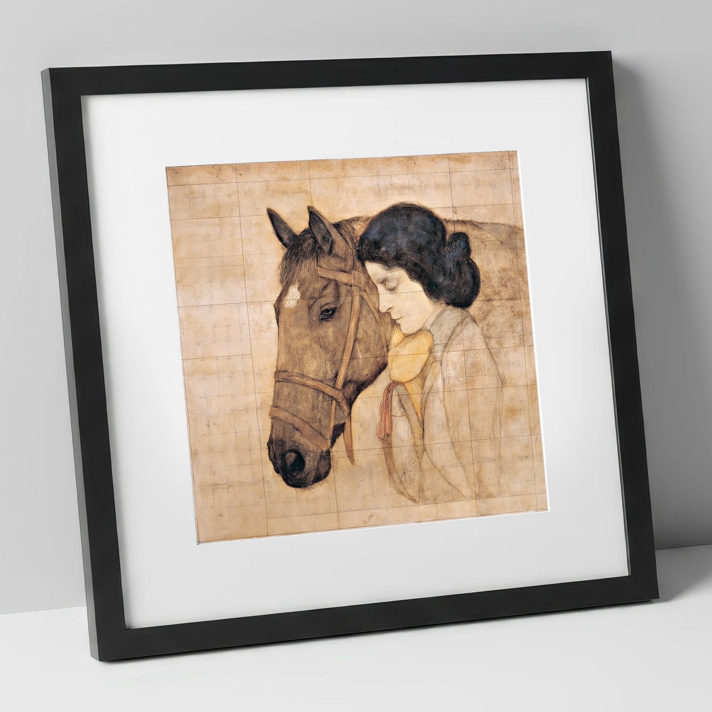 The Silent Bond horse & rider art print in black frame