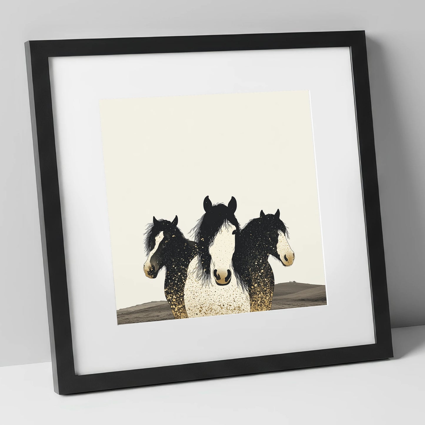 Gilded Companions horse landscape art print in black frame