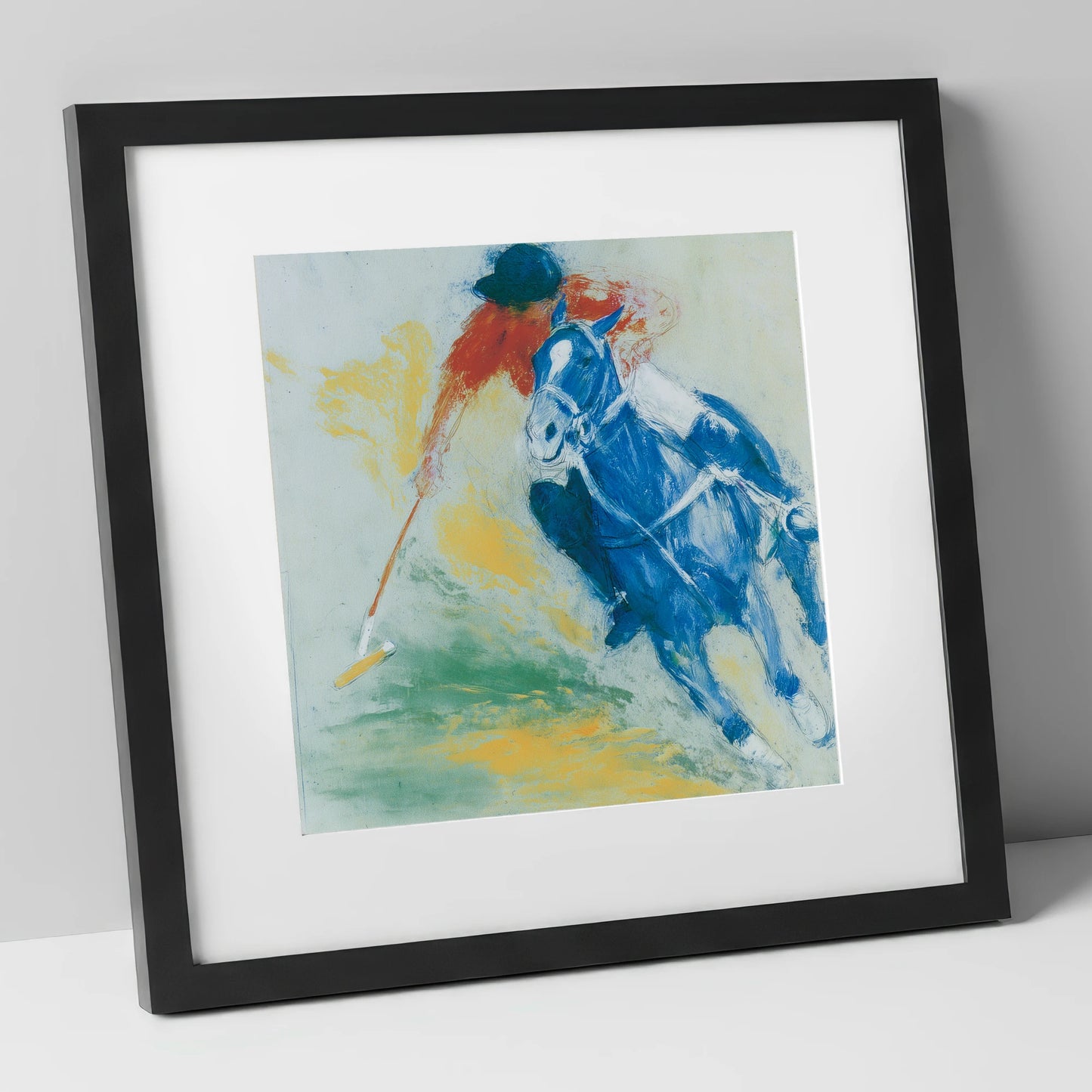 Cerulean Polo Strike polo horse art print in black frame