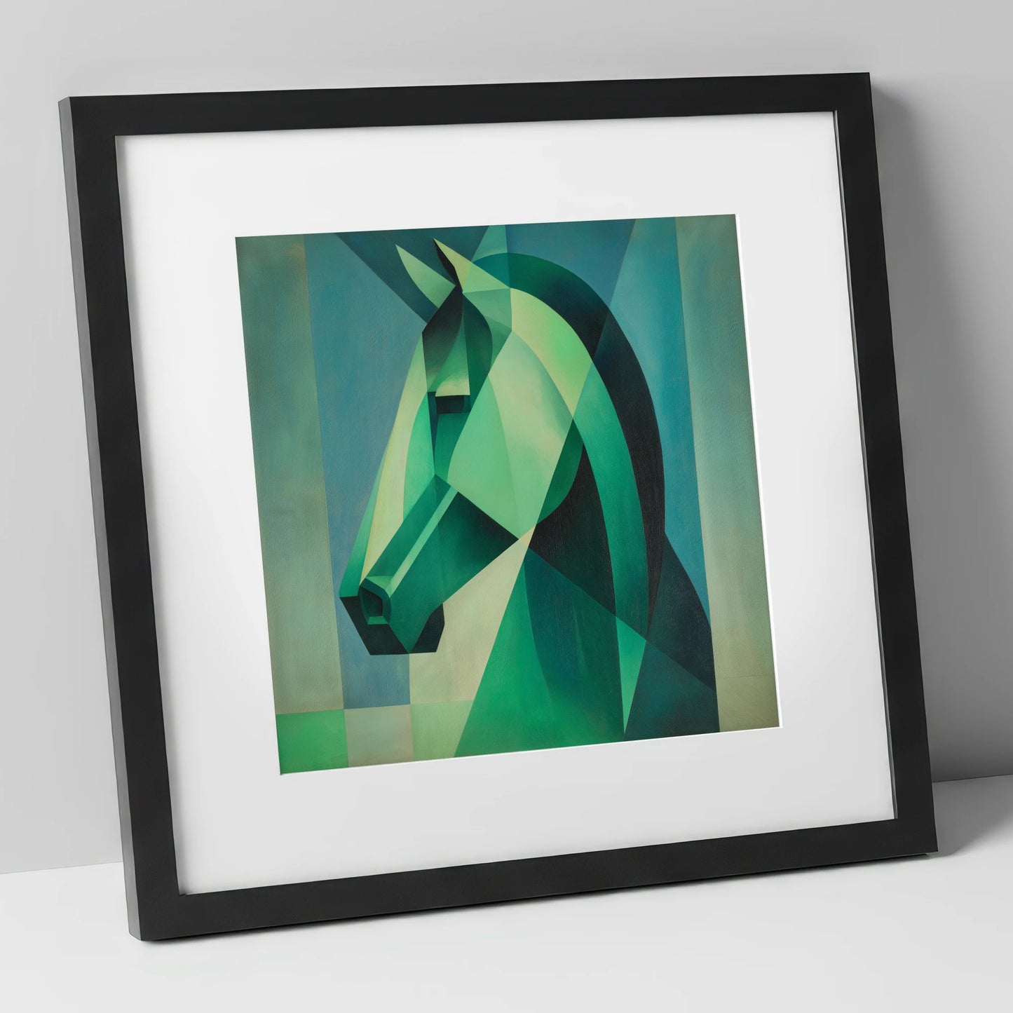 Emerald Geometric Equine horse portrait art print in black frame