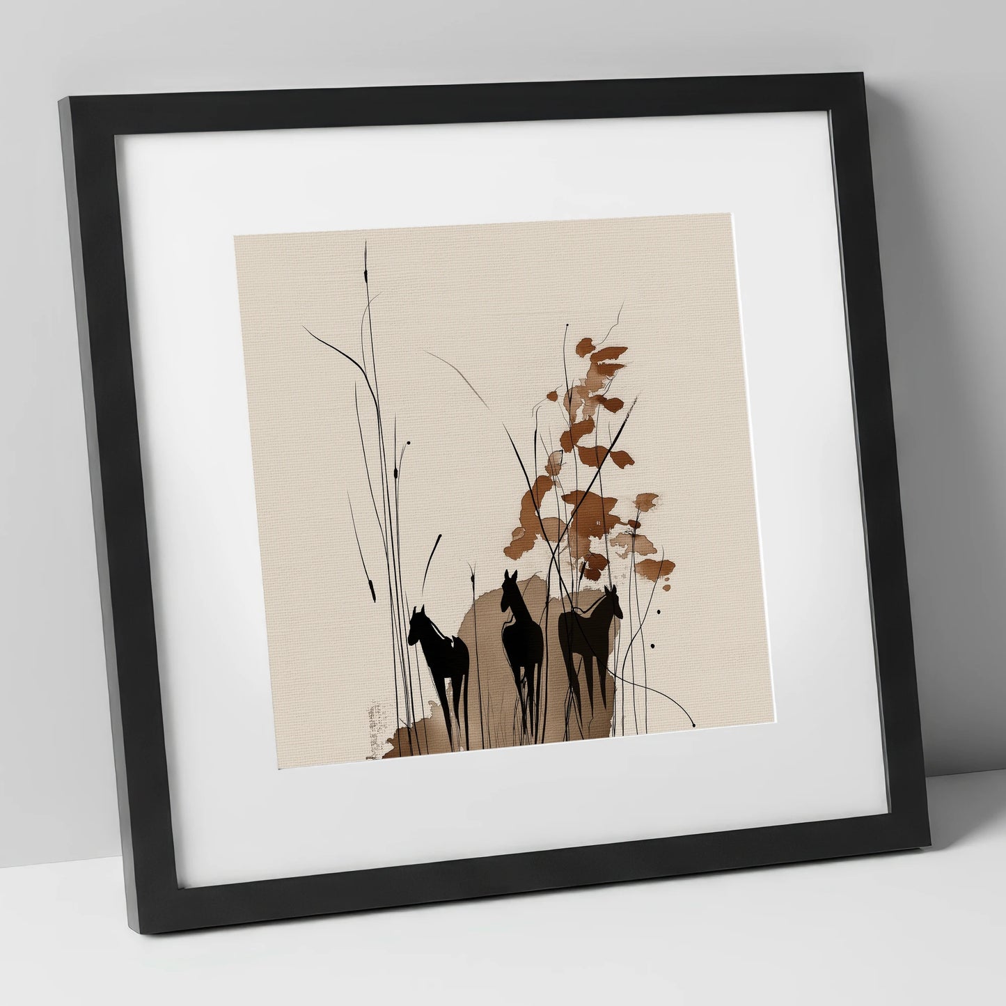 Serenity in the Reeds wild horses art print in black frame