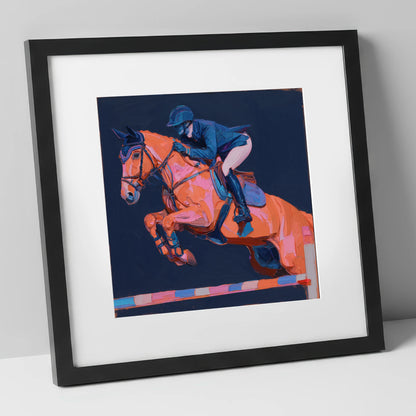 Vivid Flight show jumping horse art print in black frame