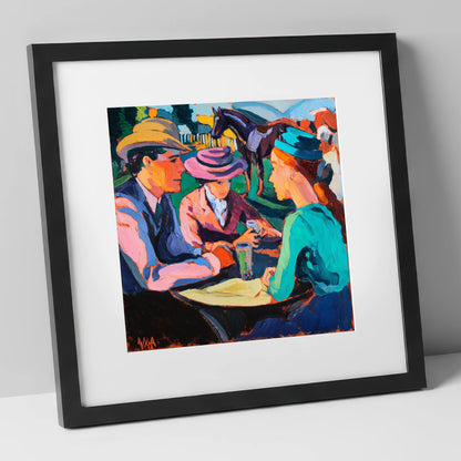 Paddock Society racing horse art print in black frame