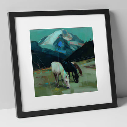 Teal Mountain Pasture horse landscape art print in black frame