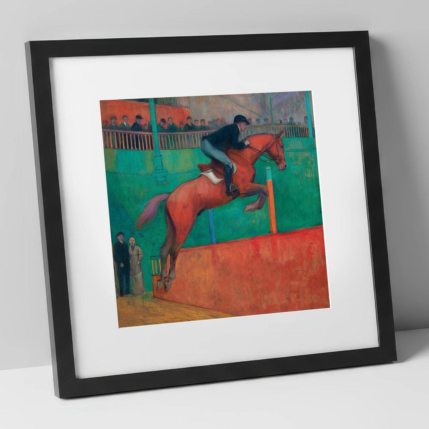 Emerald Arena Flight show jumping horse art print in black frame