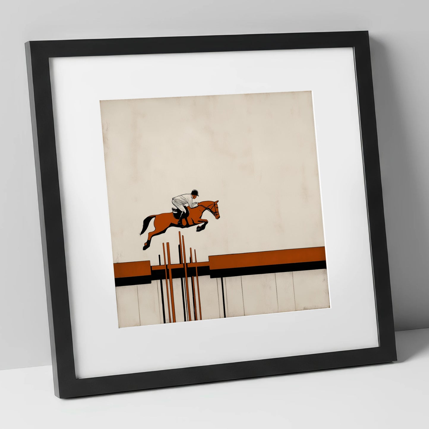 The Modernist Leap show jumping horse art print in black frame