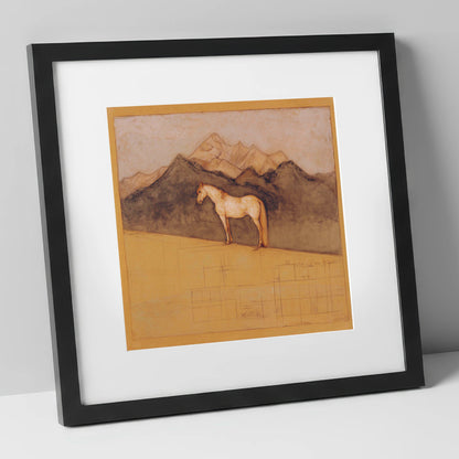 Mountain Sentinel horse landscape art print in black frame