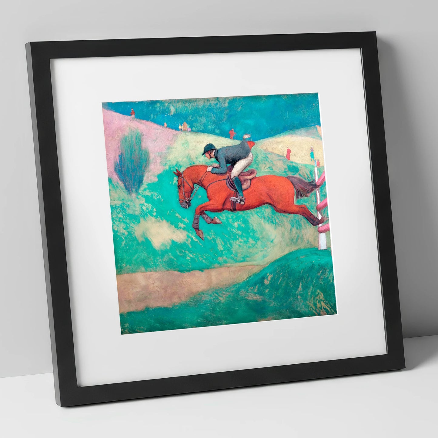 Flight Over Emerald Hills show jumping horse art print in black frame
