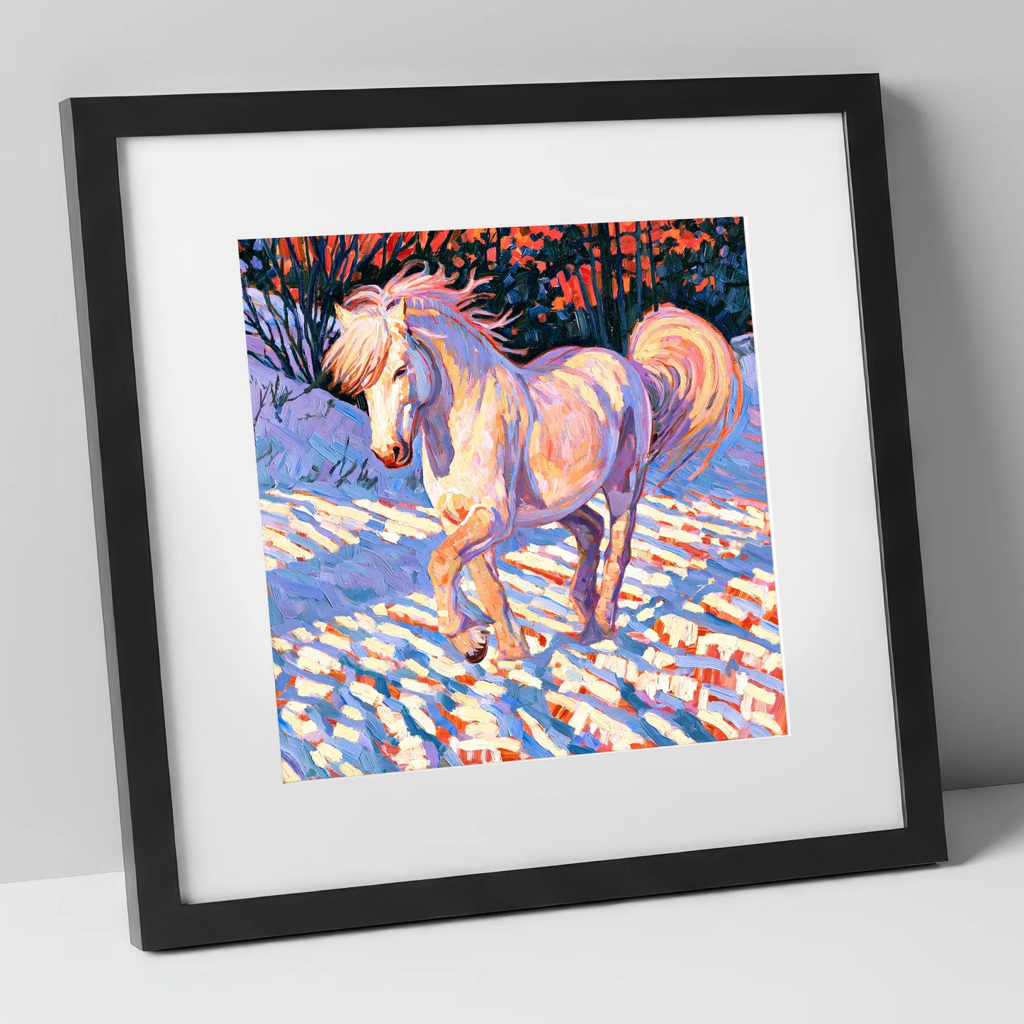 Vibrant Winter Horse in Snow horse breed art print in black frame