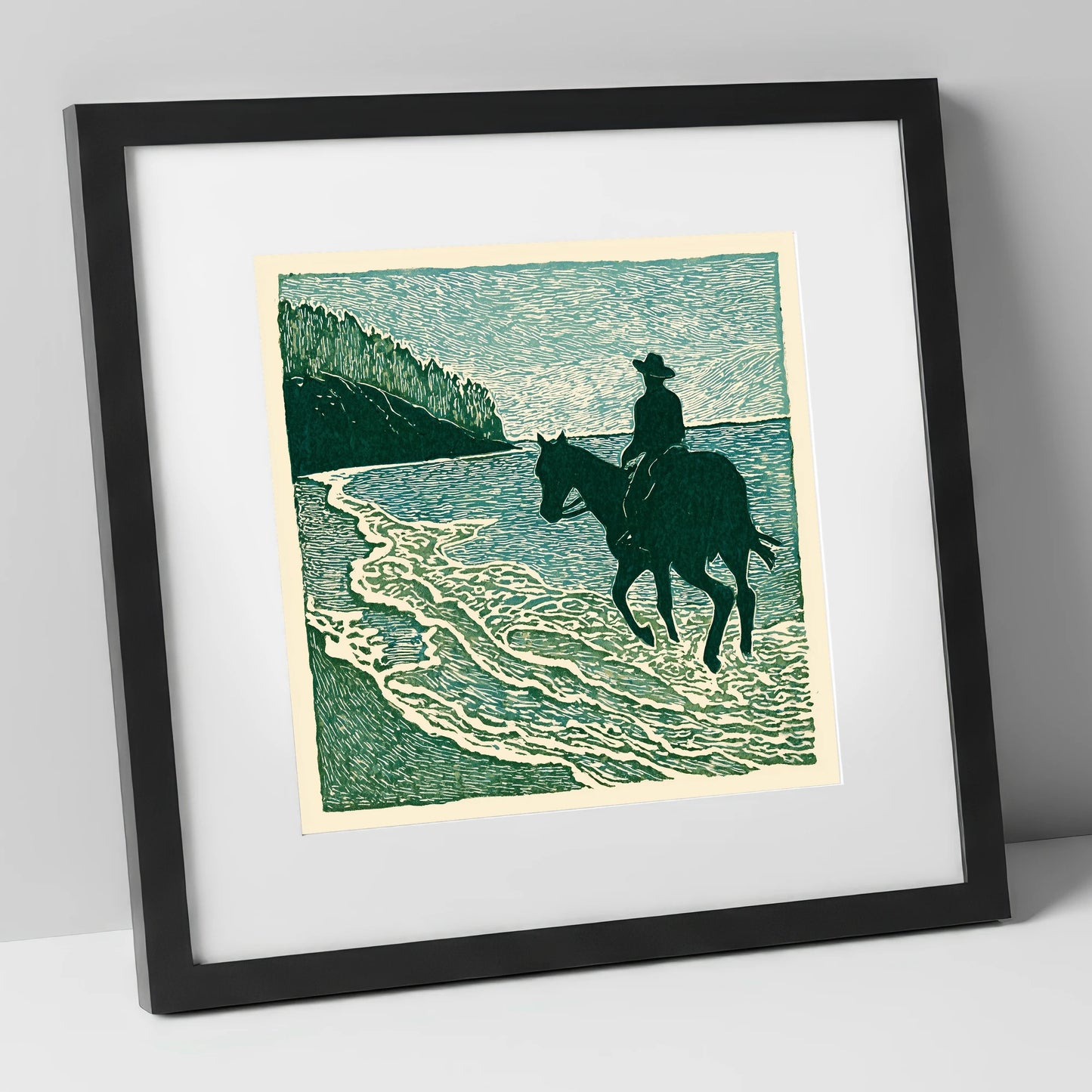Edge of the Tide beach horse art print in black frame