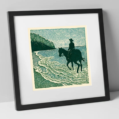 Edge of the Tide beach horse art print in black frame