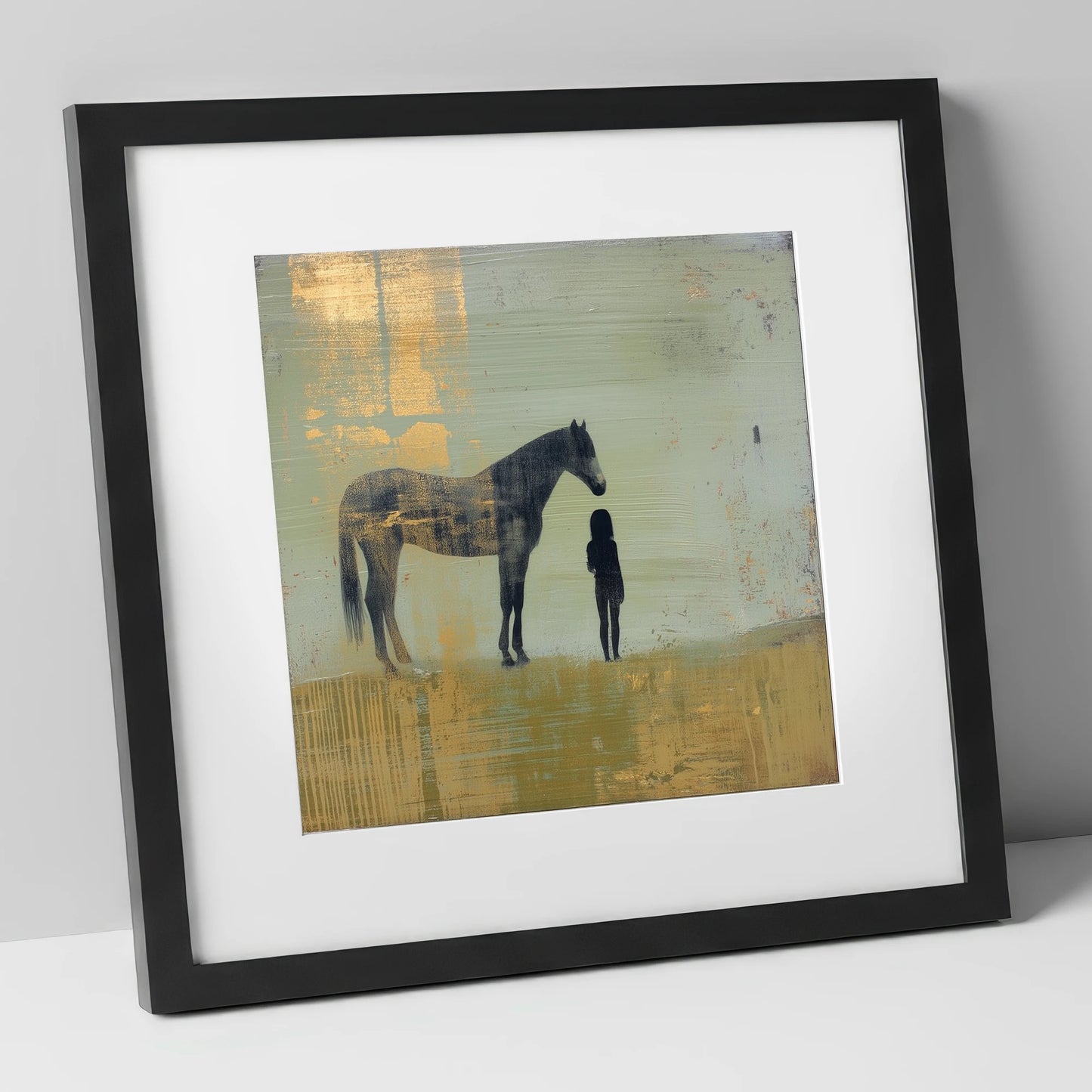 Gilded Connection horse & rider art print in black frame