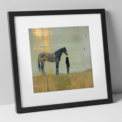 Gilded Connection horse & rider art print in black frame