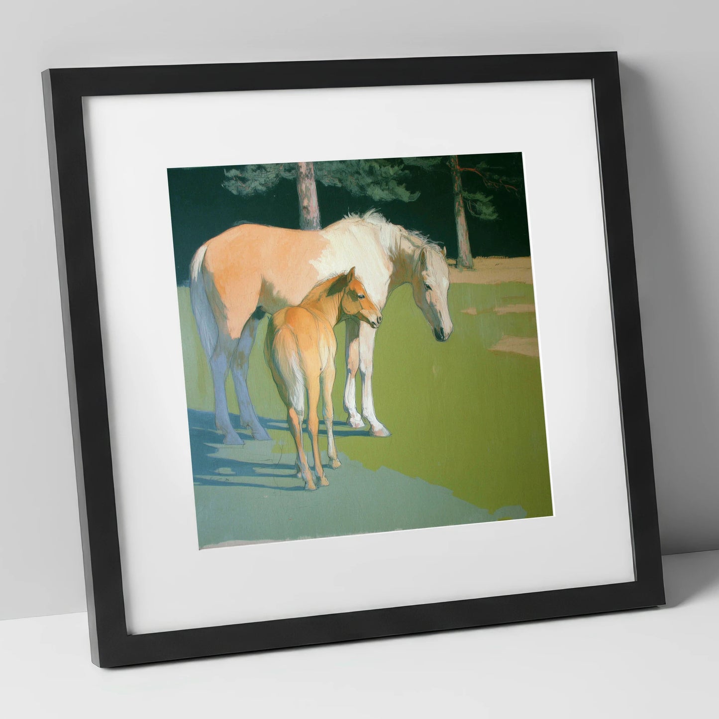 Quiet Pasture Shadows horse landscape art print in black frame