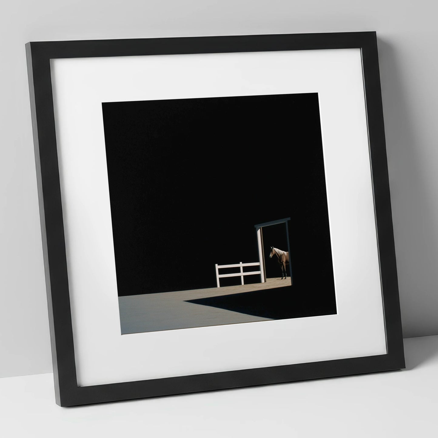 Morning Shadows horse stable art print in black frame