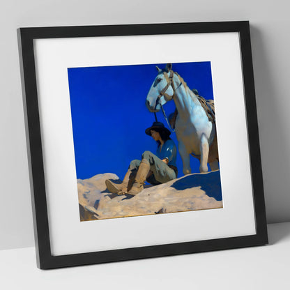Beneath Azure Skies horse & rider art print in black frame