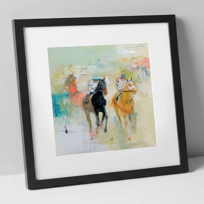 Thundering Strides racing horse art print in black frame