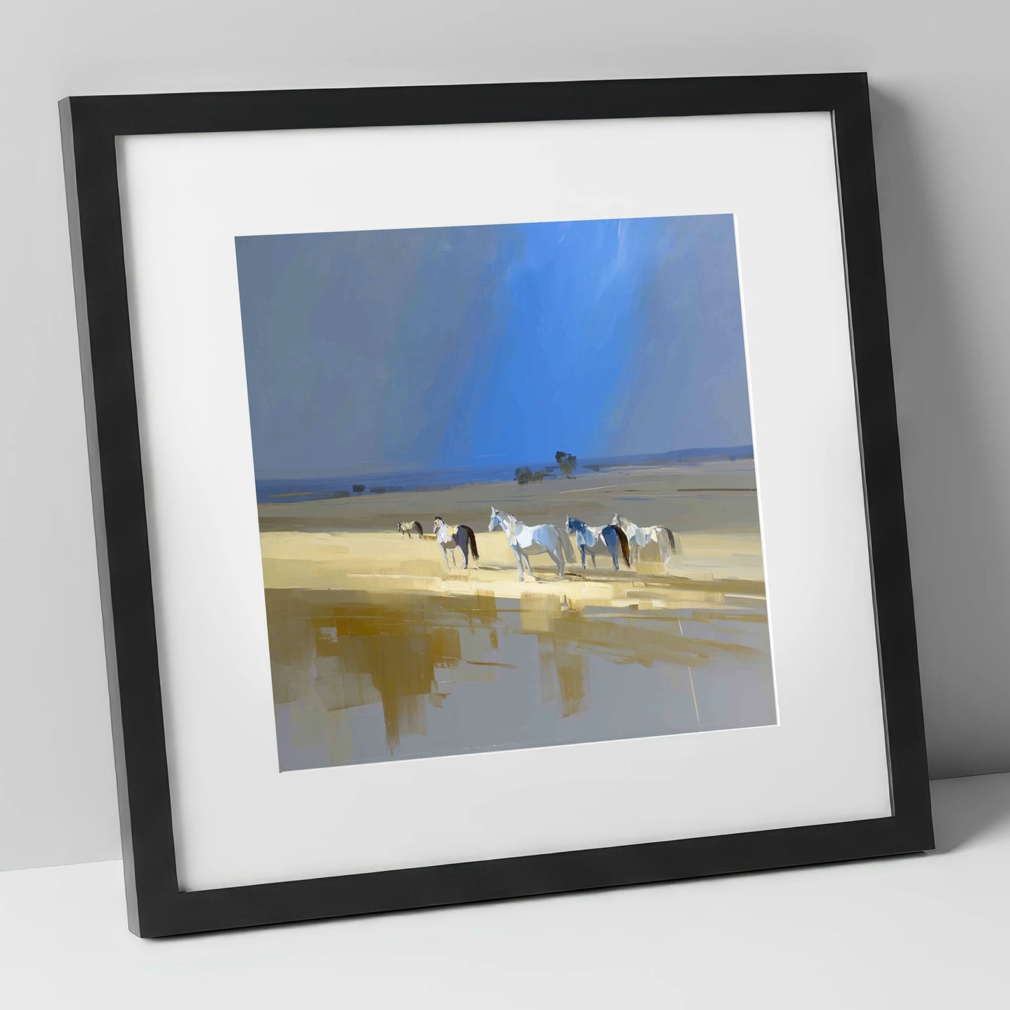 Sunlit Shallows horse landscape art print in black frame