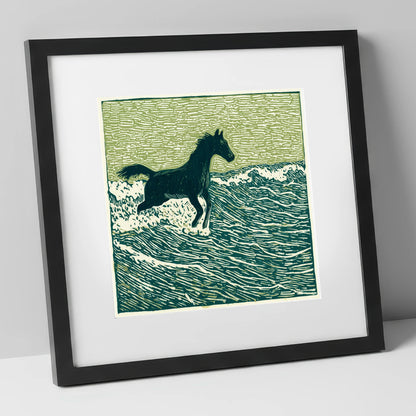 Wild Coastal Canter beach horse art print in black frame