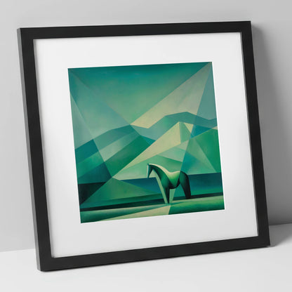 Emerald Equine Geometry horse landscape art print in black frame