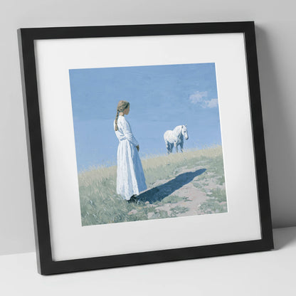 The Quiet Companion horse & rider art print in black frame