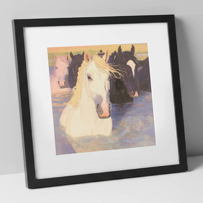 Luminous River Herd wild horses art print in black frame