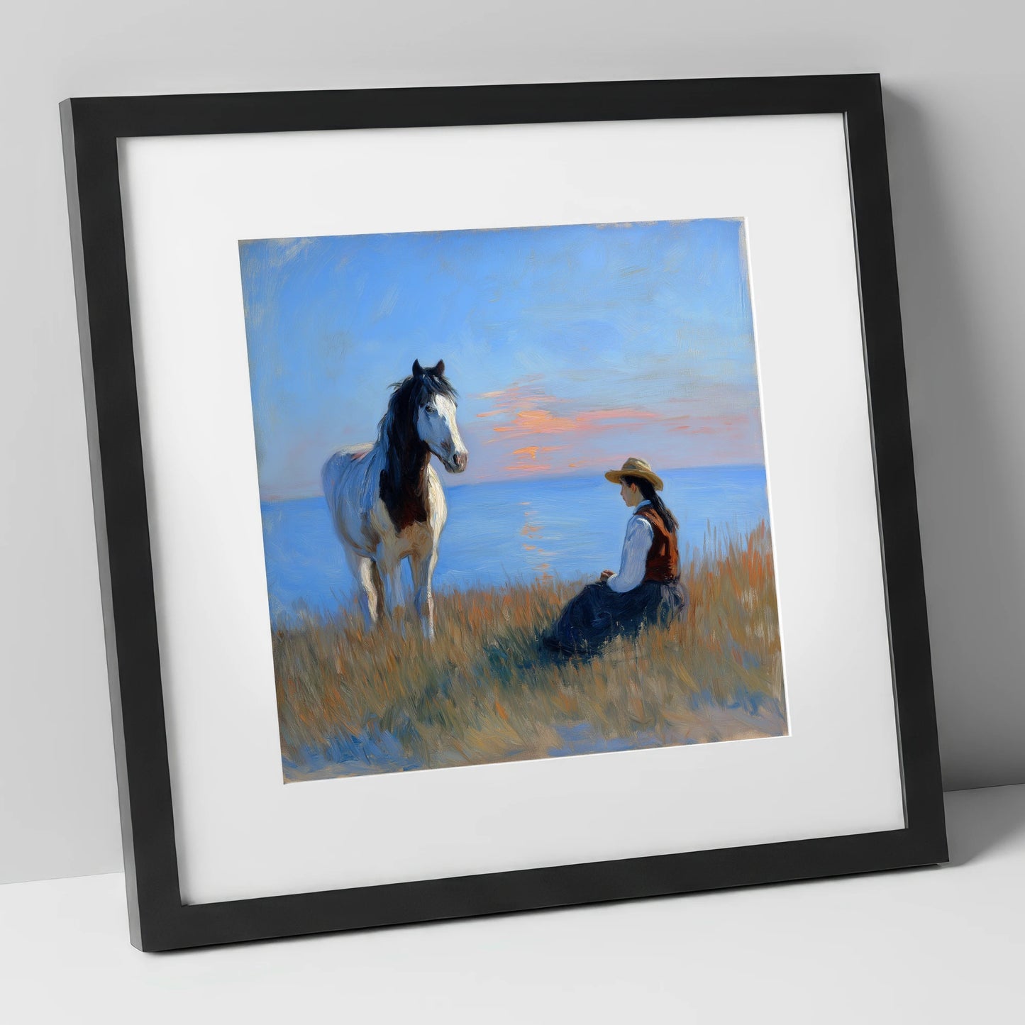 The Coastal Companion horse & rider art print in black frame