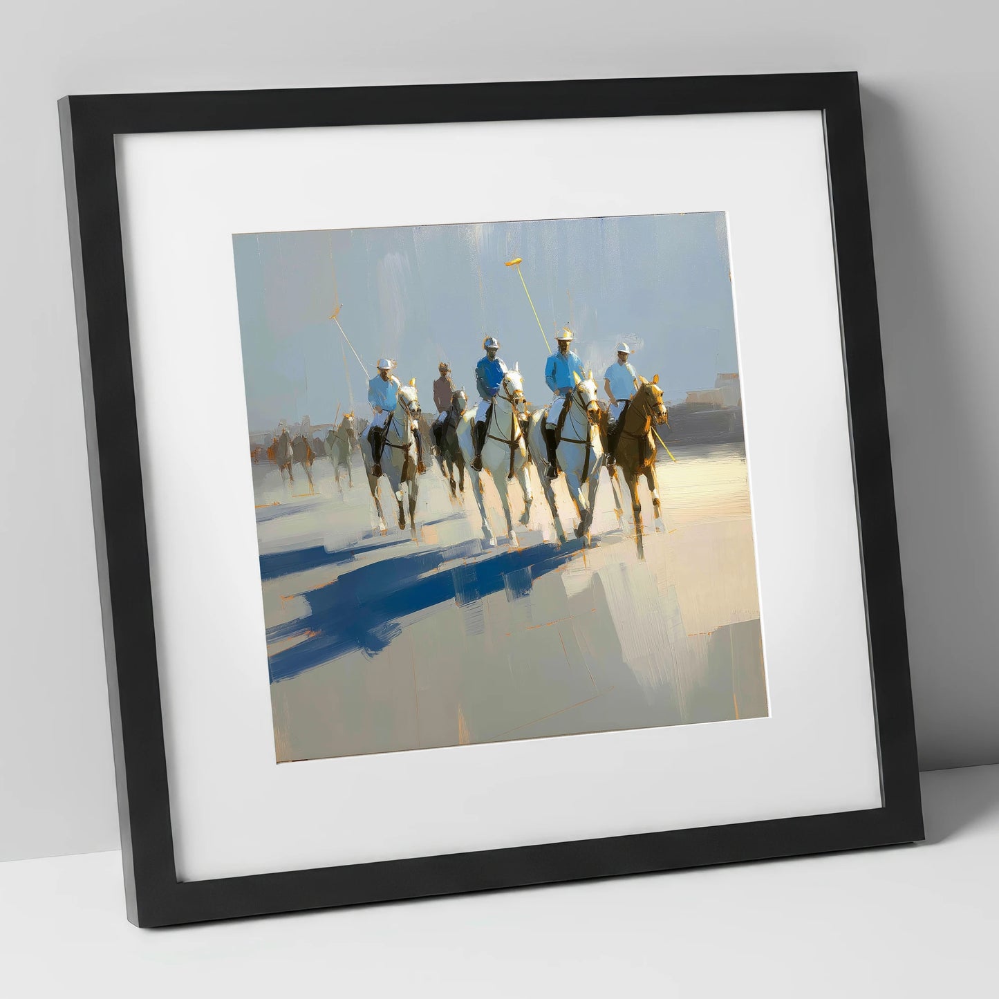 Sunlit Polo Approach polo horse art print in black frame