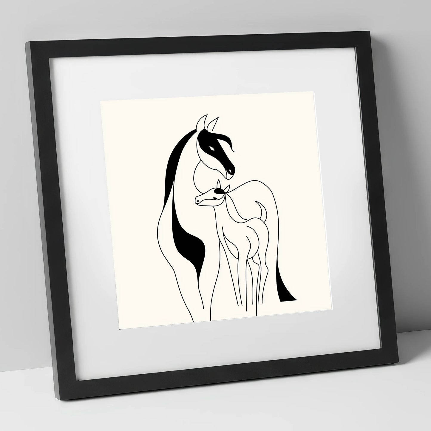 Tender Equine Silhouette mare & foal art print in black frame