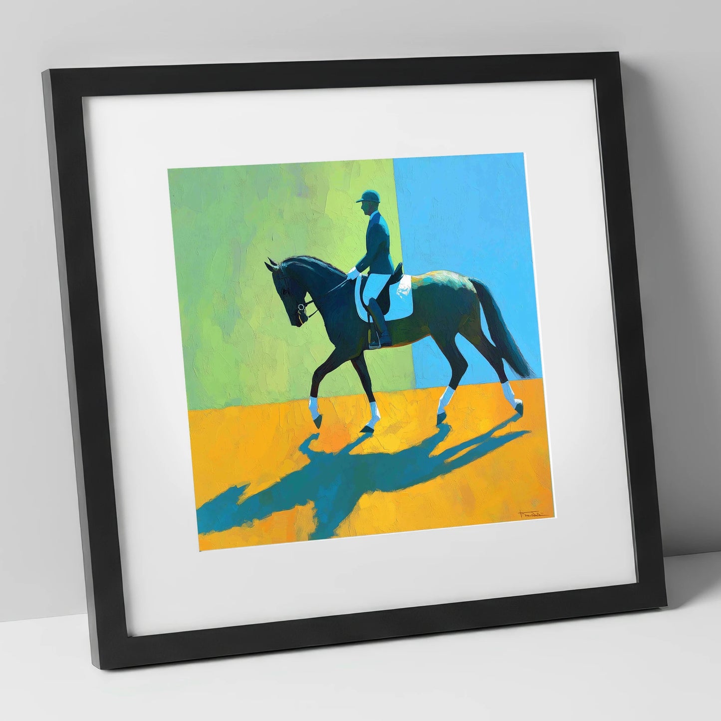Precision in Sunlight dressage horse art print in black frame