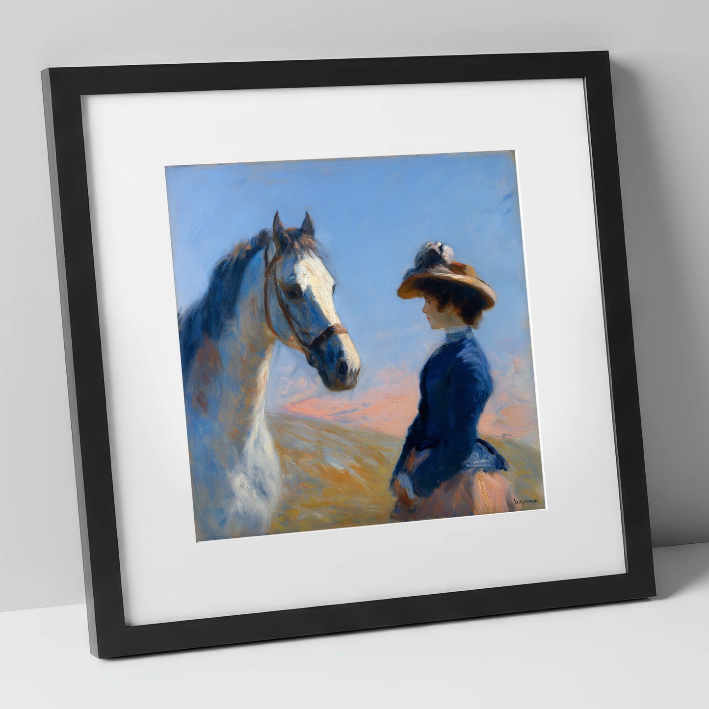 The Golden Gaze horse & rider art print in black frame