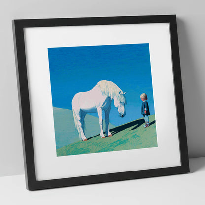 The Gentle Meeting horse & rider art print in black frame