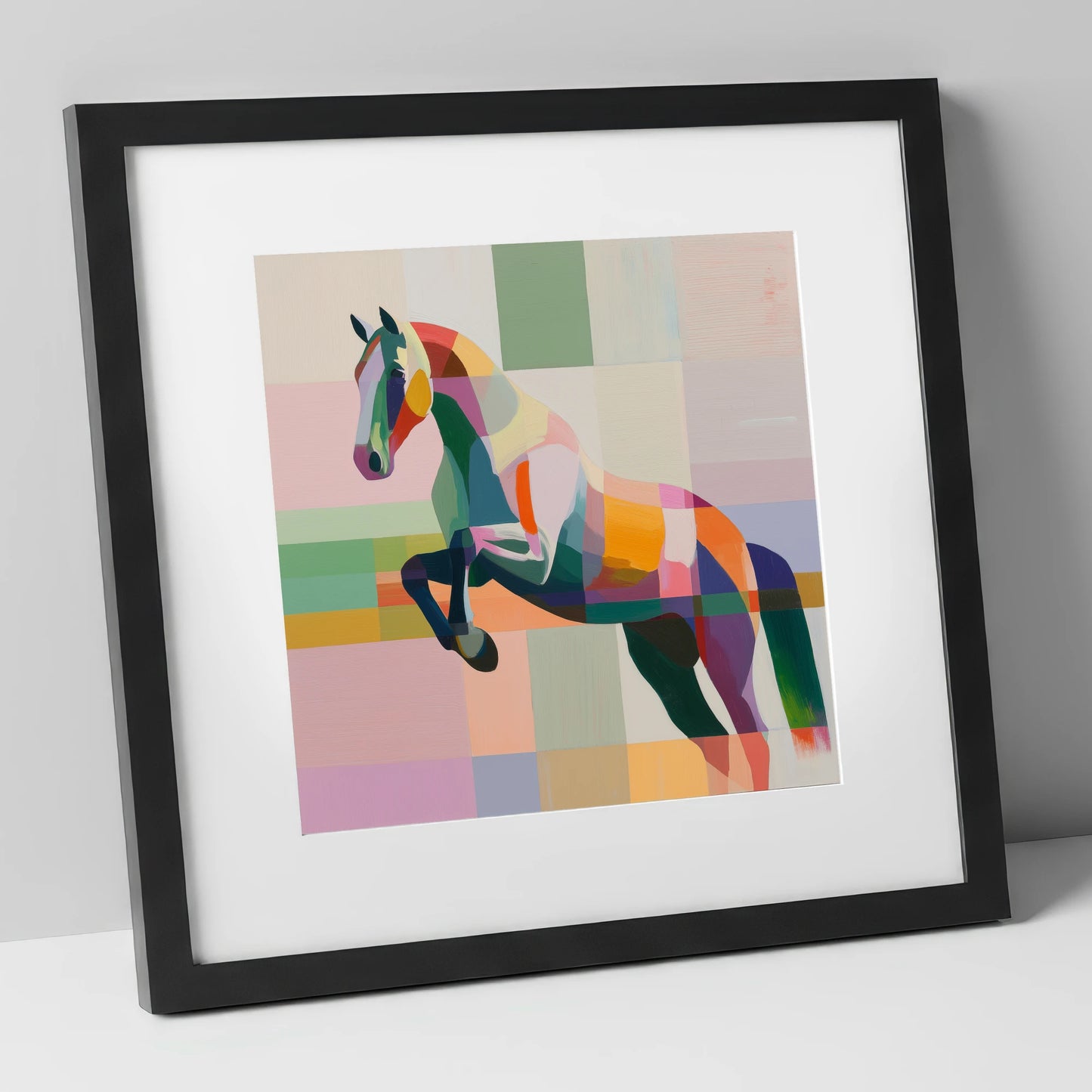 Modern Equine Leap show jumping horse art print in black frame