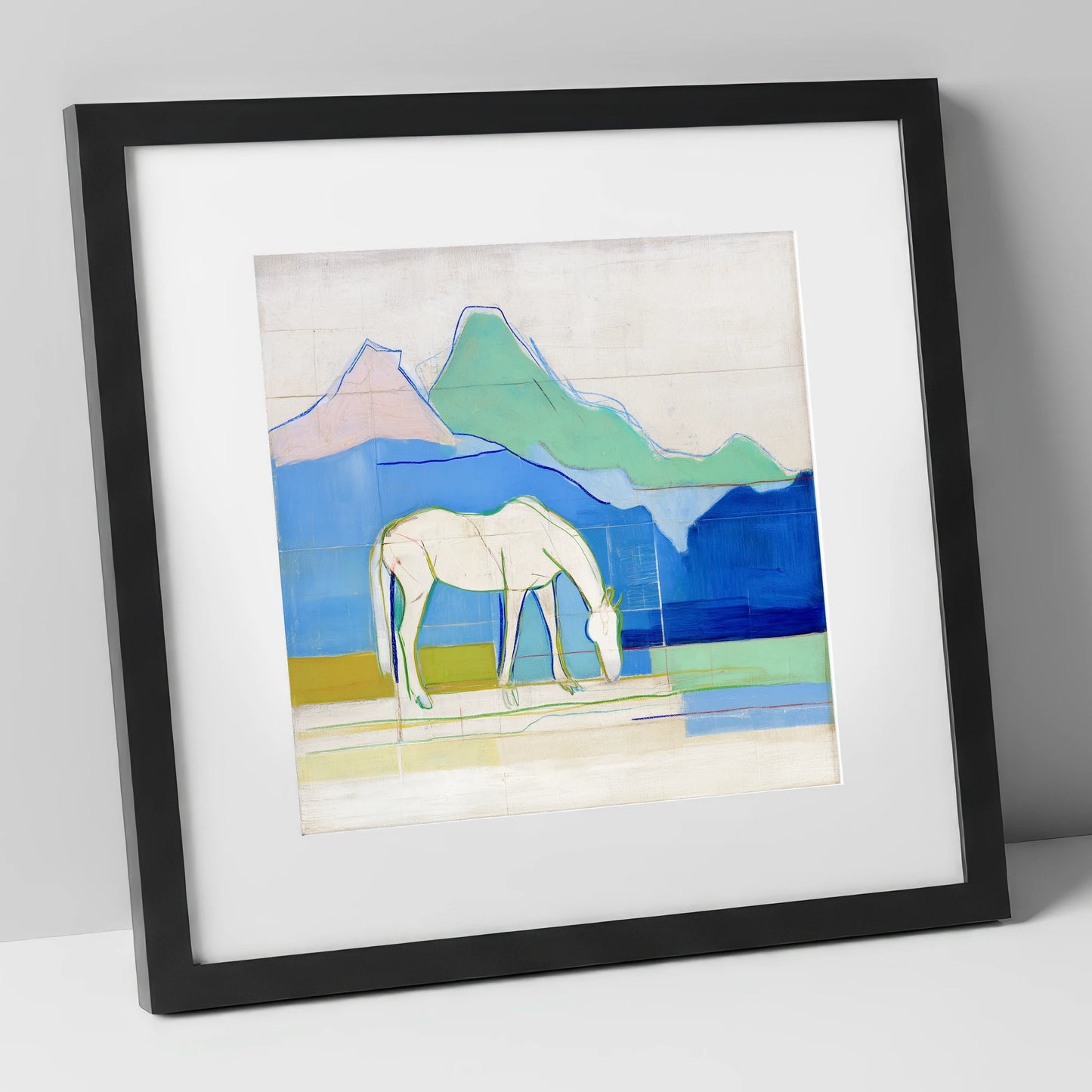 Abstract Azure Meadow horse landscape art print in black frame