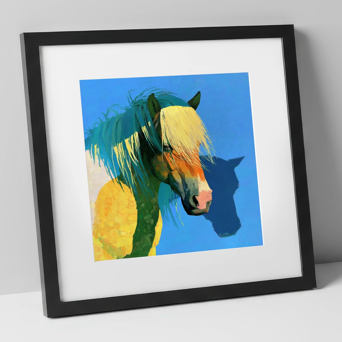 Bold Yellow and Teal Horse horse breed art print in black frame