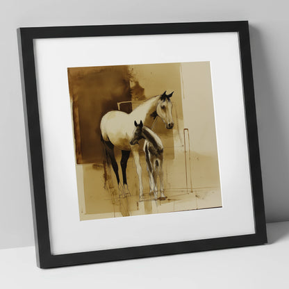 Sepia Shadows mare & foal art print in black frame