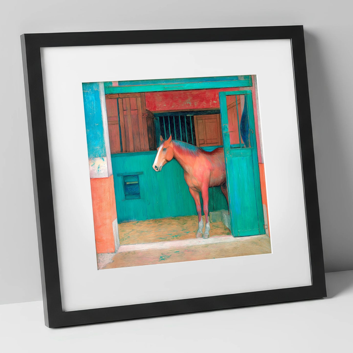 The Emerald Stable Door horse stable art print in black frame