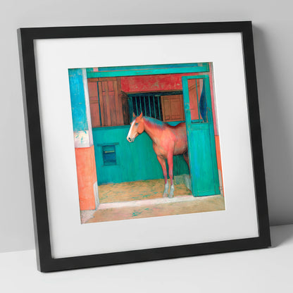 The Emerald Stable Door horse stable art print in black frame