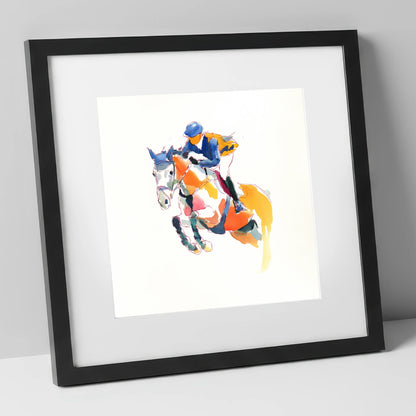 Dynamic Flight show jumping horse art print in black frame