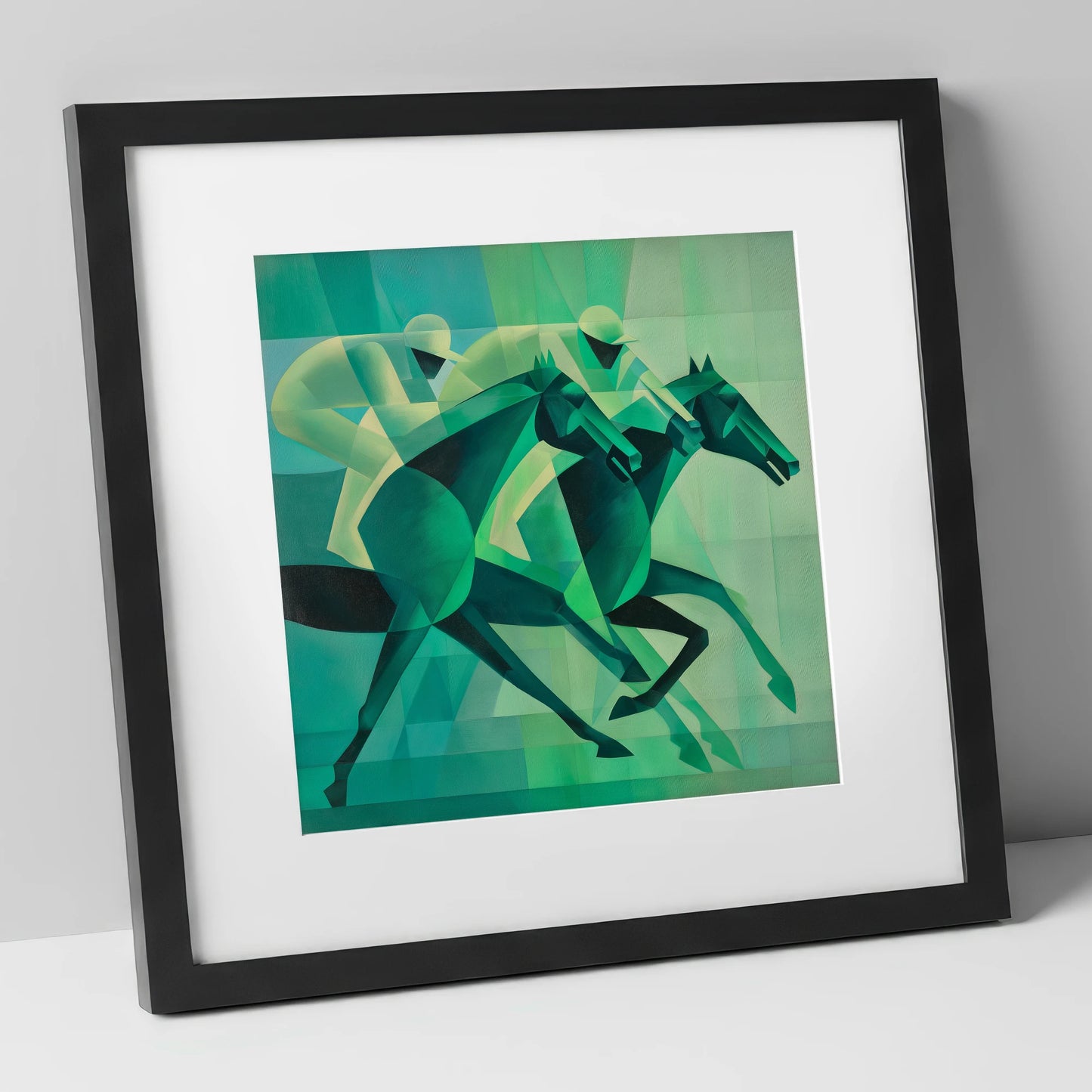 Emerald Racing Pace racing horse art print in black frame