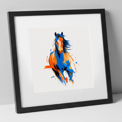 Vivid Cobalt Canter horse portrait art print in black frame