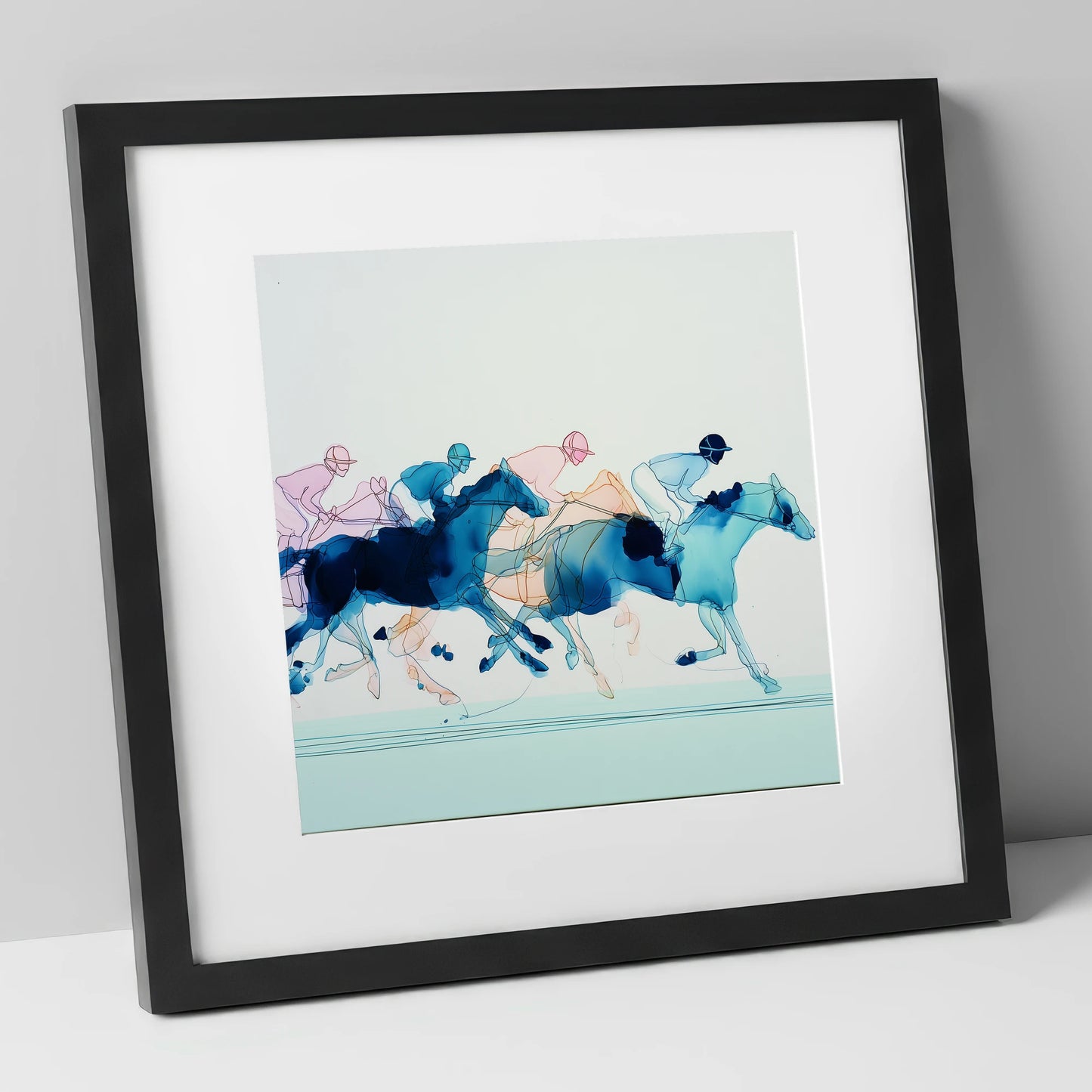 Fluid Racing Strides racing horse art print in black frame