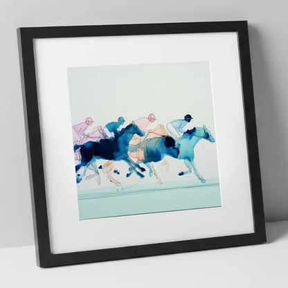 Fluid Racing Strides racing horse art print in black frame